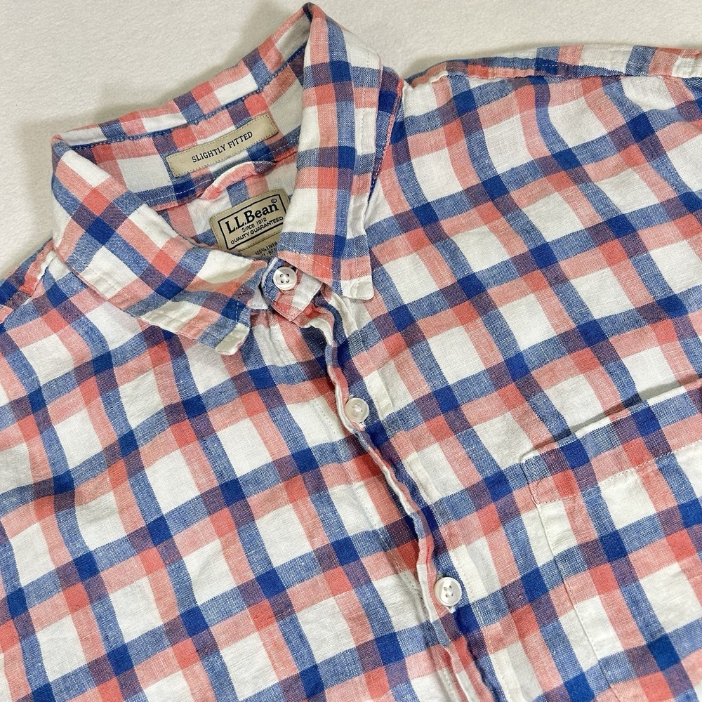 LL Bean Mens XL Red Blue White Plaid 100%‎ Linen Short Sleeve Button Up Shirt